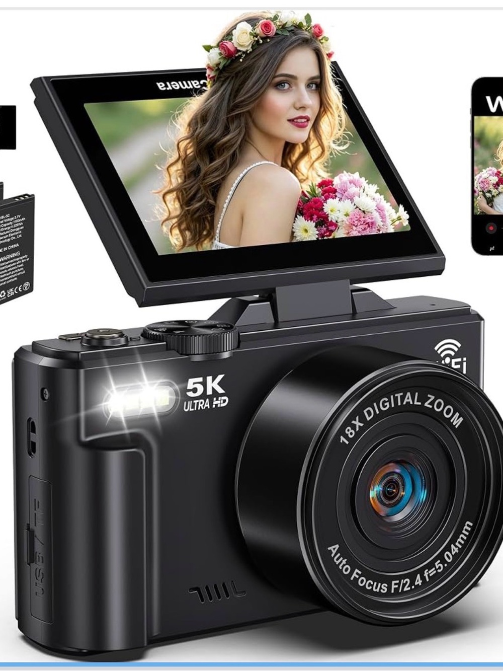 5K Ultra HD Black Digital Camera with Flip Screen and 18x Zoom